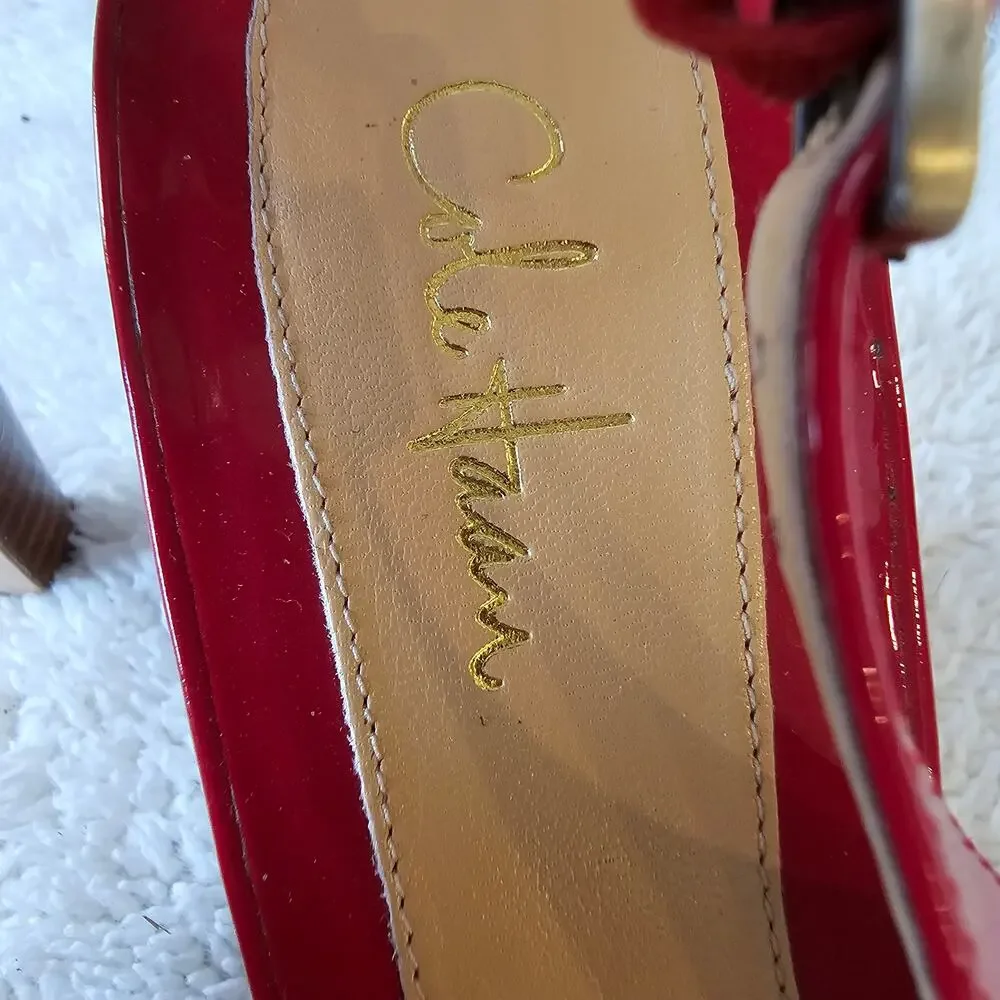 Cole Haan Women's Romantic Patent Leather Peep Toe Slingback Heels Size 7B Red‎